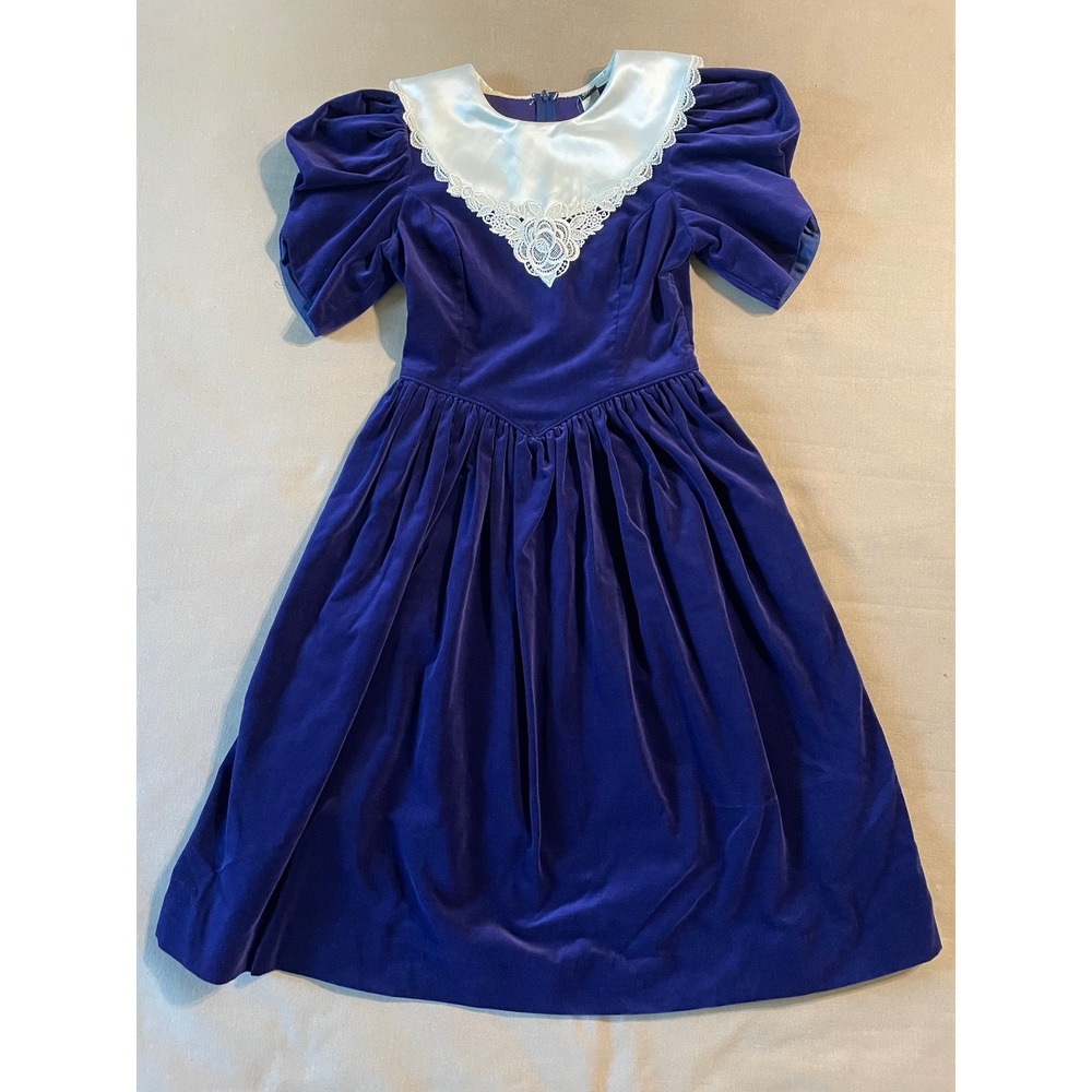 Vintage 80s 90s Party Dress Size 14/9 Purple Velvet Puff Sleeves Bertha Collar